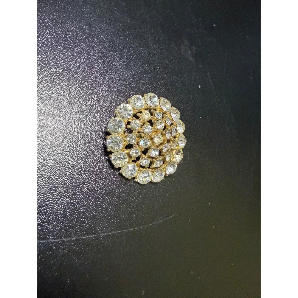 Vintage Gold Tone Clear Rhinestone Round Sunburst Tiered Brooch Pin 1.5 Inch